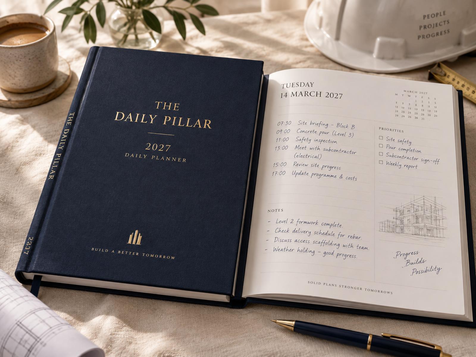 The Daily Pillar 2027 diary — navy clothbound cover with champagne gold lettering, open daily pages beside it